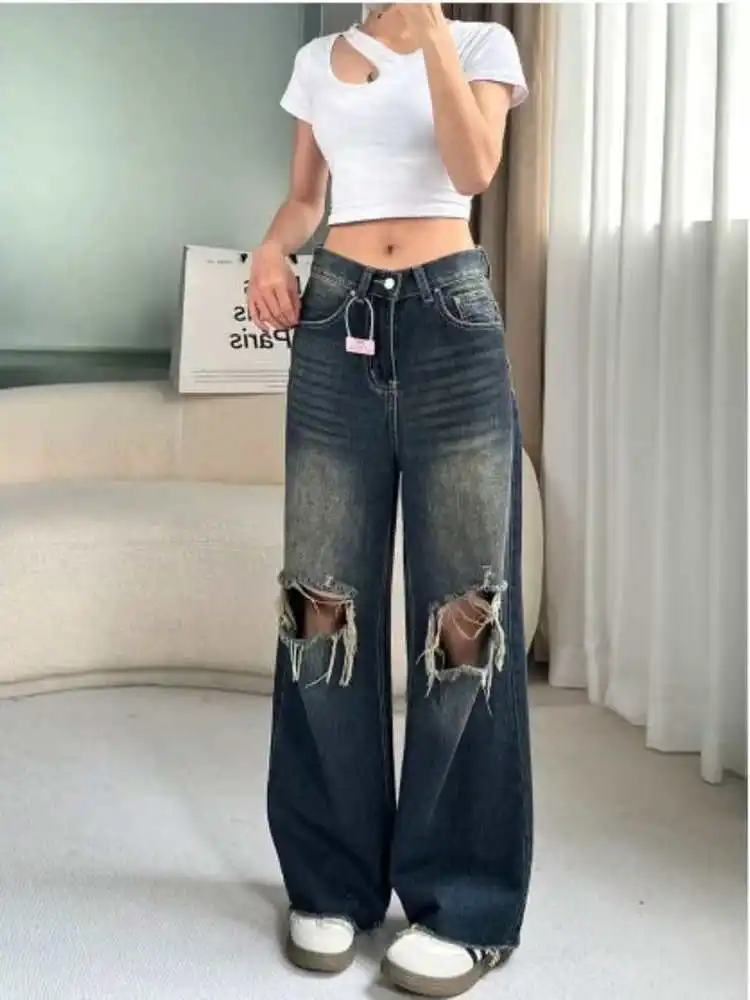 

Retro High Waist Denim Jeans Women's Spring Autumn plus Size Loose Wide Leg Straight Cut Torn High Street Sle Blue Jeans