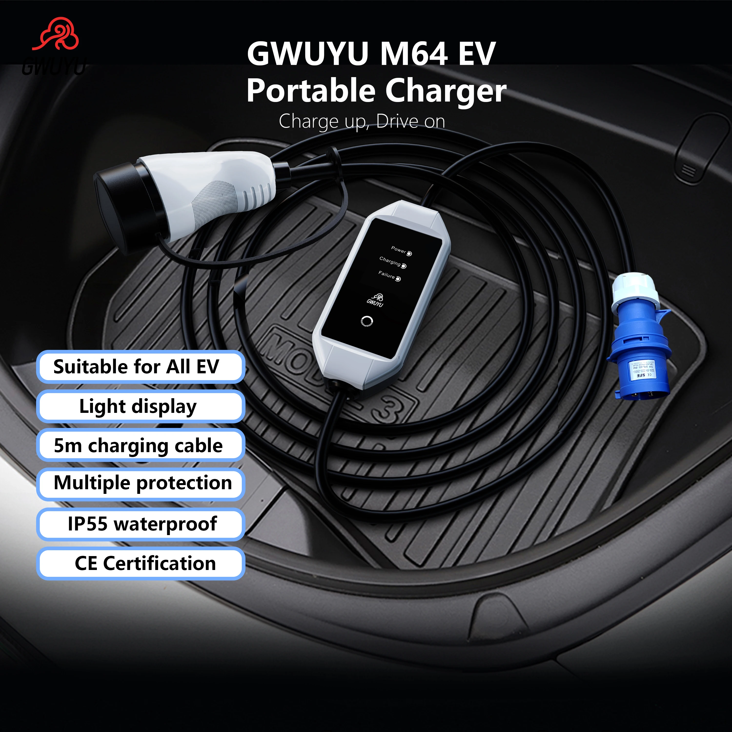 GWUYU M64 EV Portable Charger Type 2 IEC62196-2 7.6KW 32A 220V Current Adjustable LED Light Display Wall Box 5m Charging Cable