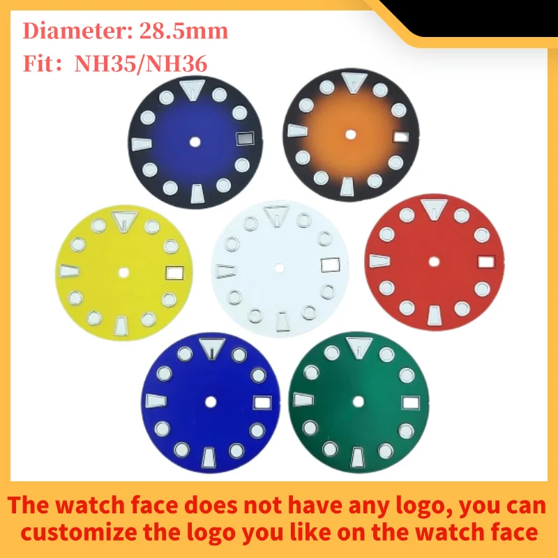 Esfera de reloj NH35 NH36 de 28,5mm adecuada para accesorios de reloj ensamblados de movimiento NH35 NH36, logotipo DIY, esfera luminosa verde