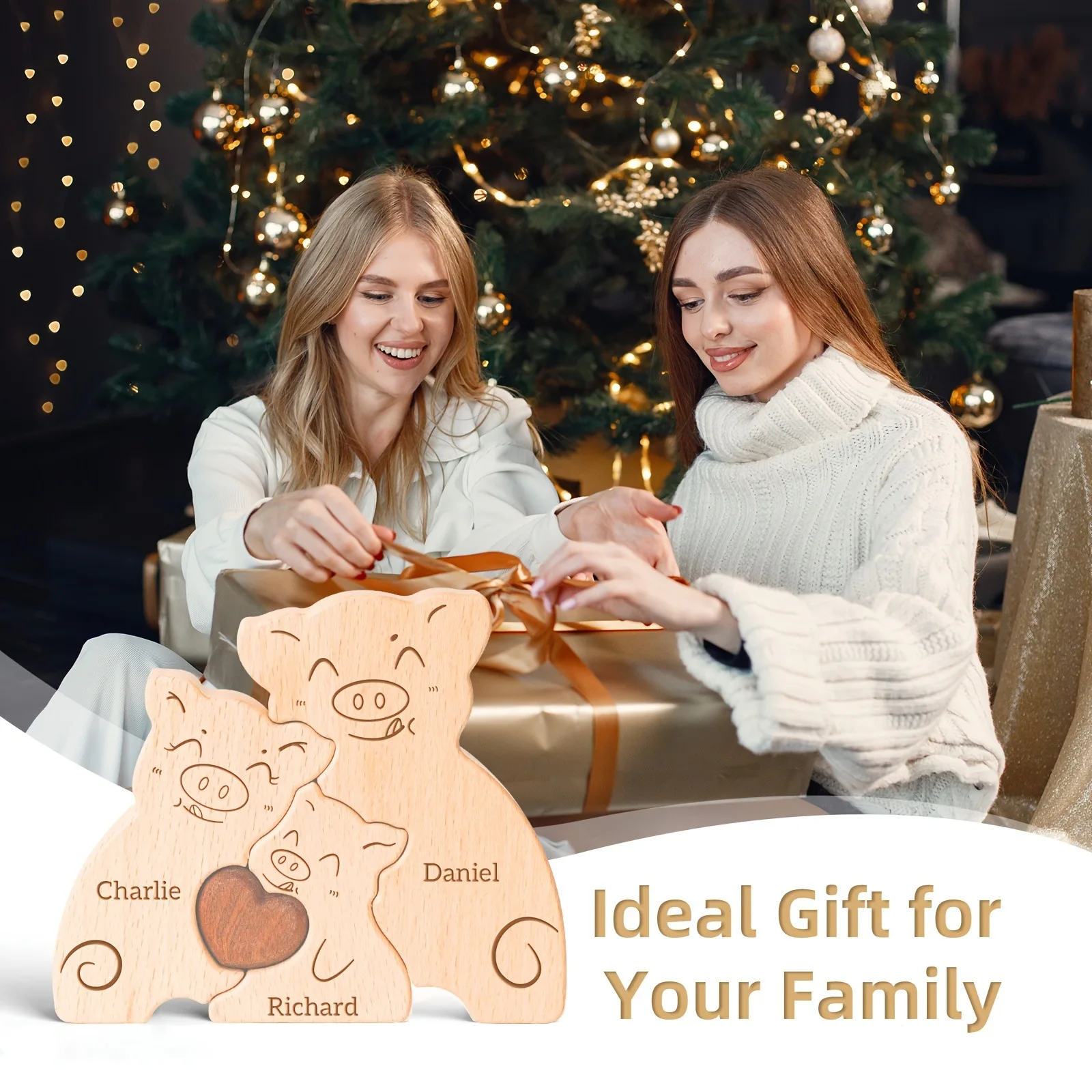 لغز عائلة الخنزير الخشبي المخصص، زينة اسم العائلة المخصصة، هدية خنزير علوية لتزيين المنزل في الذكرى السنوية لعيد الميلاد #6