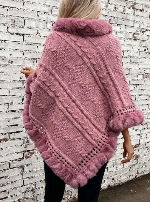

2025 Autumn/winter Casual Elegant Unique Warm Imitation Rabbit Fur Collar Cloak New Product Thick Linen Flower Sweater Jacket