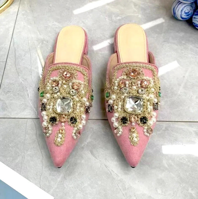 

Glitter Multi Gemstone with Embroidery Pointed Toe Slipper Bling Rhinestones Beadings Flats Mules Shoes Half Slip on Loafers