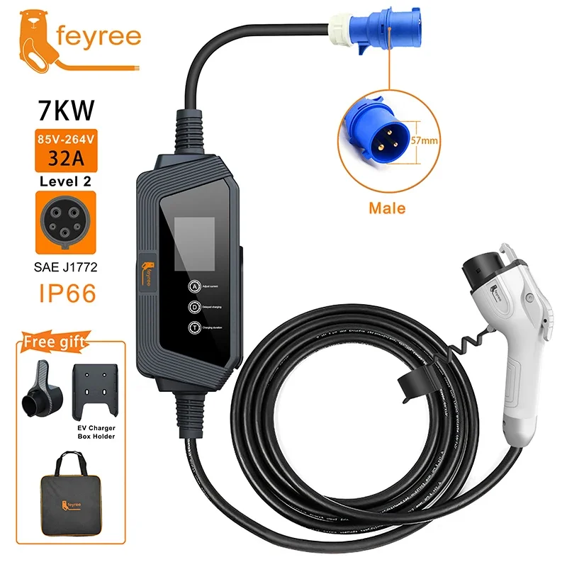 feyree Type1 7KW 32A EV Charger 1Phase with j1772 Cord Current Adjustable Portable Charging Box Holder for Electric Car Charger