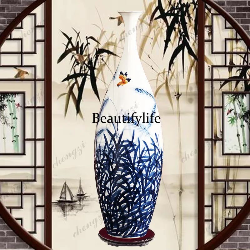 Ceramics high-end hand-painted, floor-to-ceiling large vase Chinese ornaments simple living room crafts