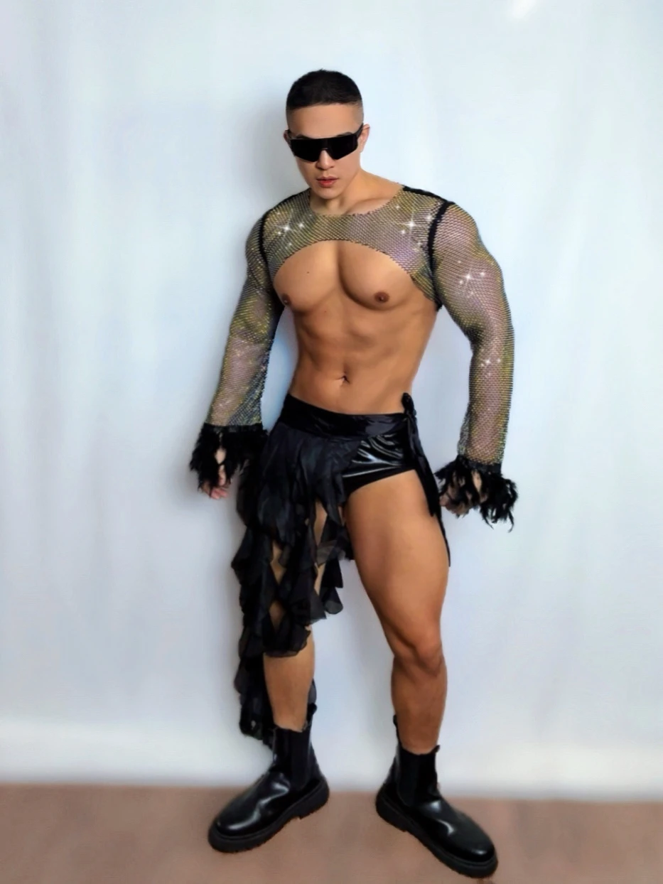 Bar Nightclub Male Gogo Dance Costume Sexy Transparent Rhinestones Tops Shorts Set DJ Dancer Performance Stage Wear Rave Outfit