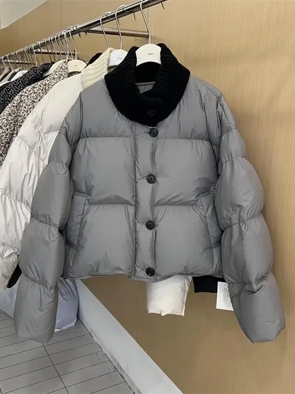 

Корейская вязаная куртка в стиле пэчворк с коротким утолщенным воротником-стойкой, женская хлопковая куртка-пуховик, зимняя новинка