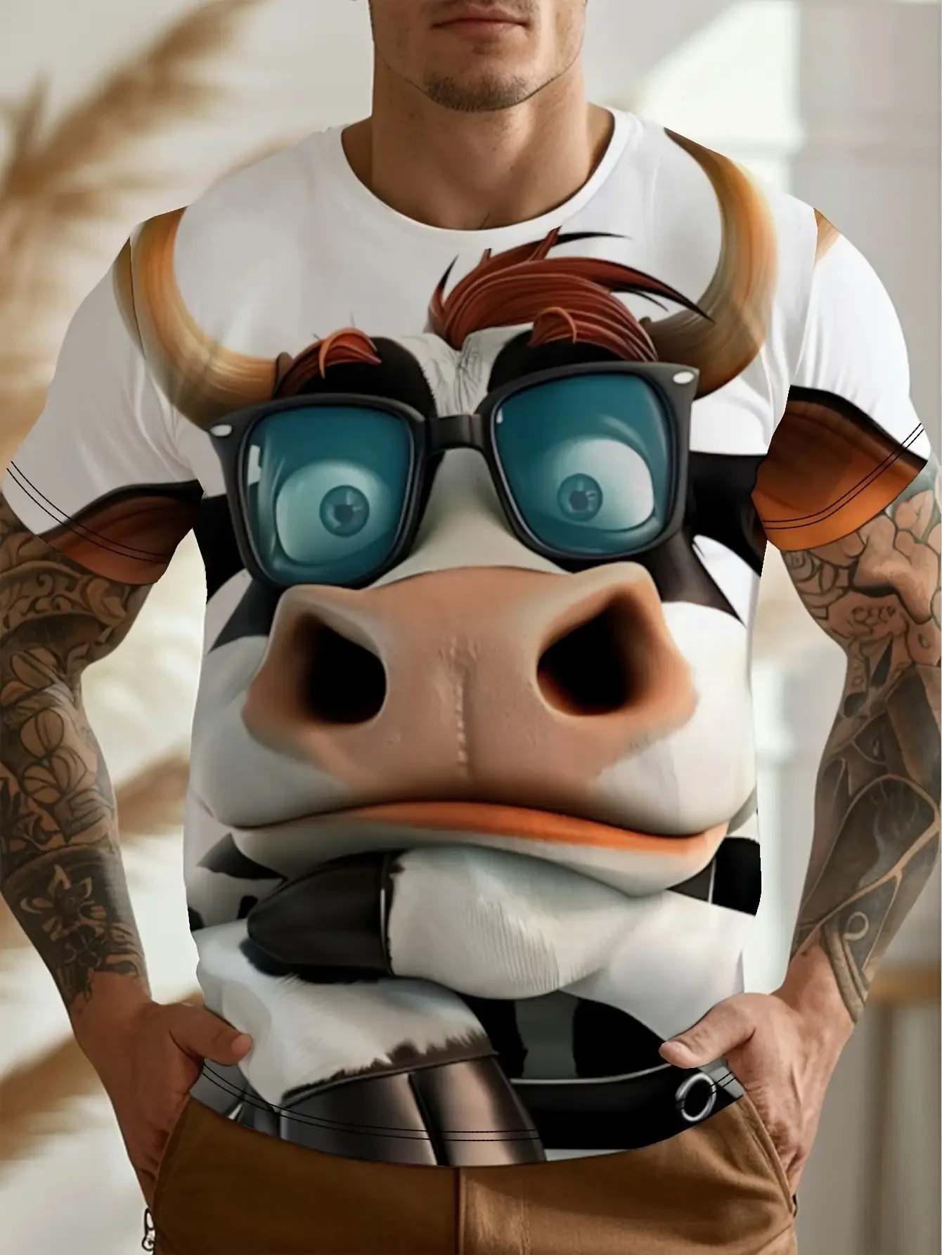 Men's 3D Cartoon Cool Cow Sunglasses Print Round Neck Short Sleeve T Shirt Funny Novelty Design Casual Tee Mens Clothing
