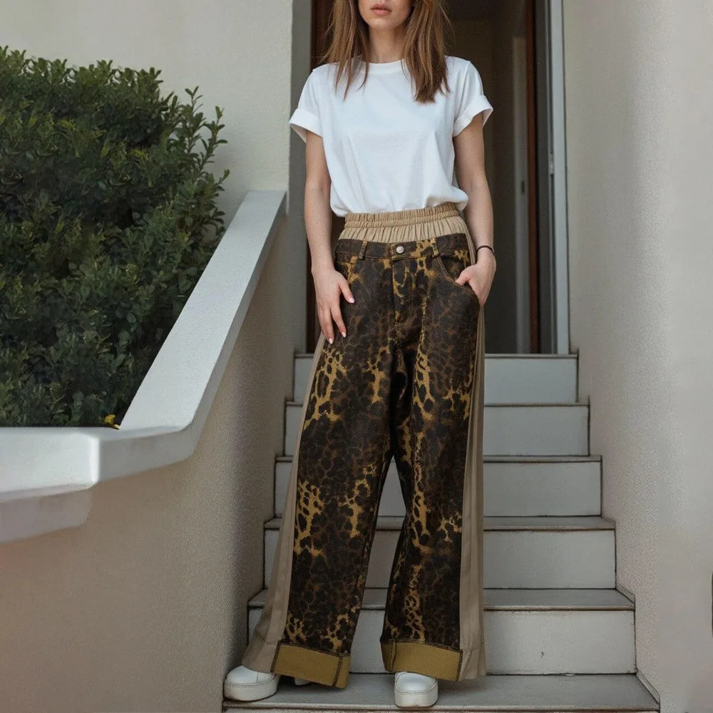 

Винтажные джинсы с атласными вставками и леопардовым принтом: универсальные, модные, свободные, сексуальные, удобные для женщин.