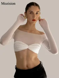 Mozision See Through Mesh Crop Top Women Pullovers Strapless Short Knit Cropped Tops Ladies Tee Shirt Sexy Off-shoulder T-shirt