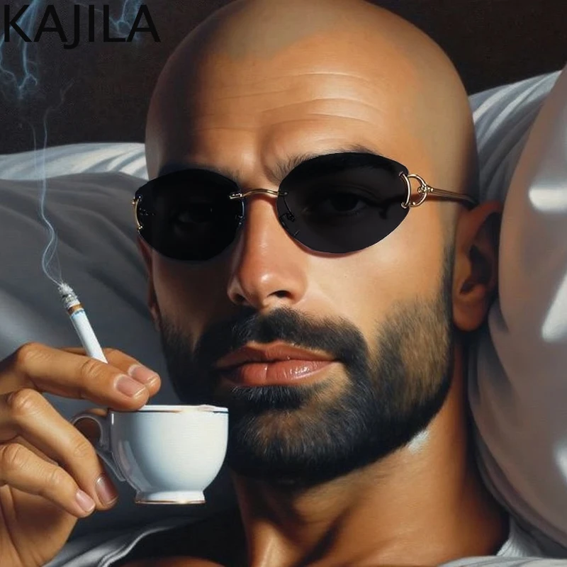 

Small Oval Metal Frame Rimless Punk Sunglasses Men 2025 Luxury Brand Vintage Frameless Sun Glasses For Male Retro Eyewear Shades