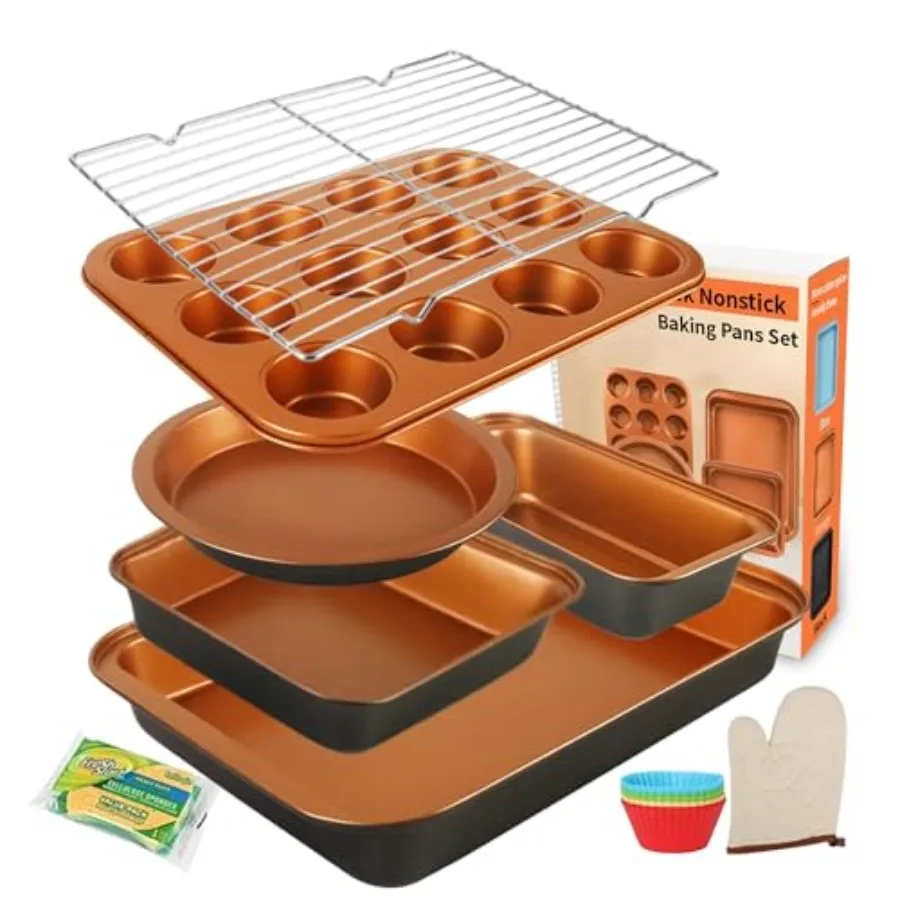 

Baking Pans Set 6-Pieces, Non Stick Bakeware Set Stackable, with Cookie Sheet, Muffin, Round/Square Cake Pan, Loaf Pan, Rack, O