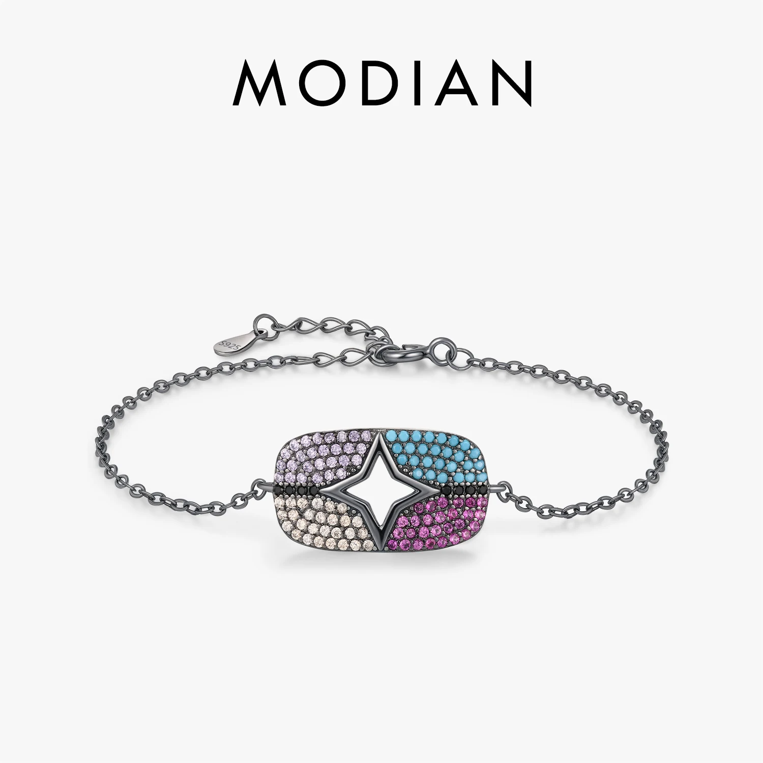 

MODIAN 925 Sterling Silver High-end Pixel-Art Hollow Stars Turquoise CZ Link Chain Bracelet For Women Fine Jewelry
