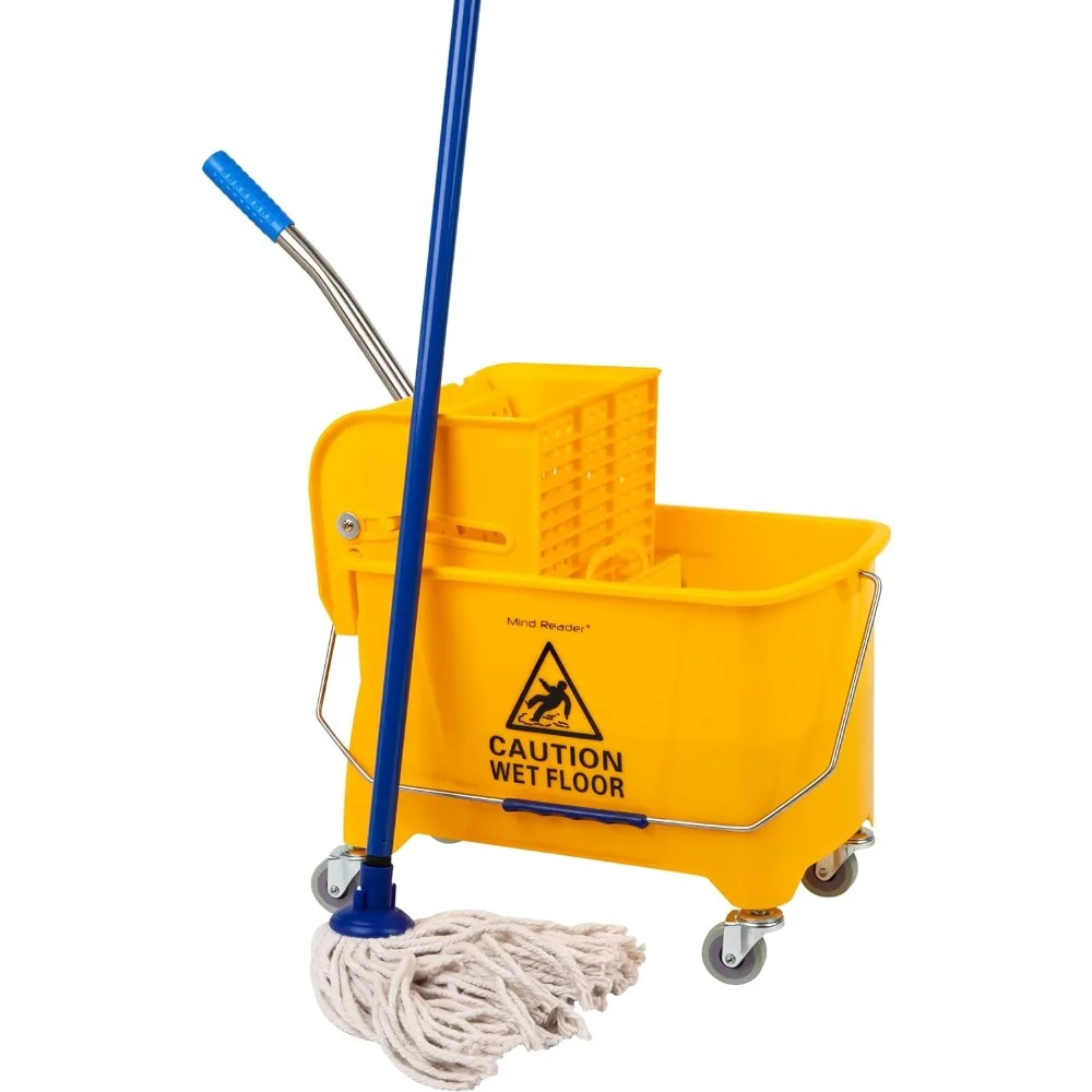 

Mind Reader Mop Bucket with Wringer, 22 Qt (5.5 Gallon), Floor Cleaning, Handle, Wheels, 16.25"L x 10.75"W x 24.5"H, Yellow