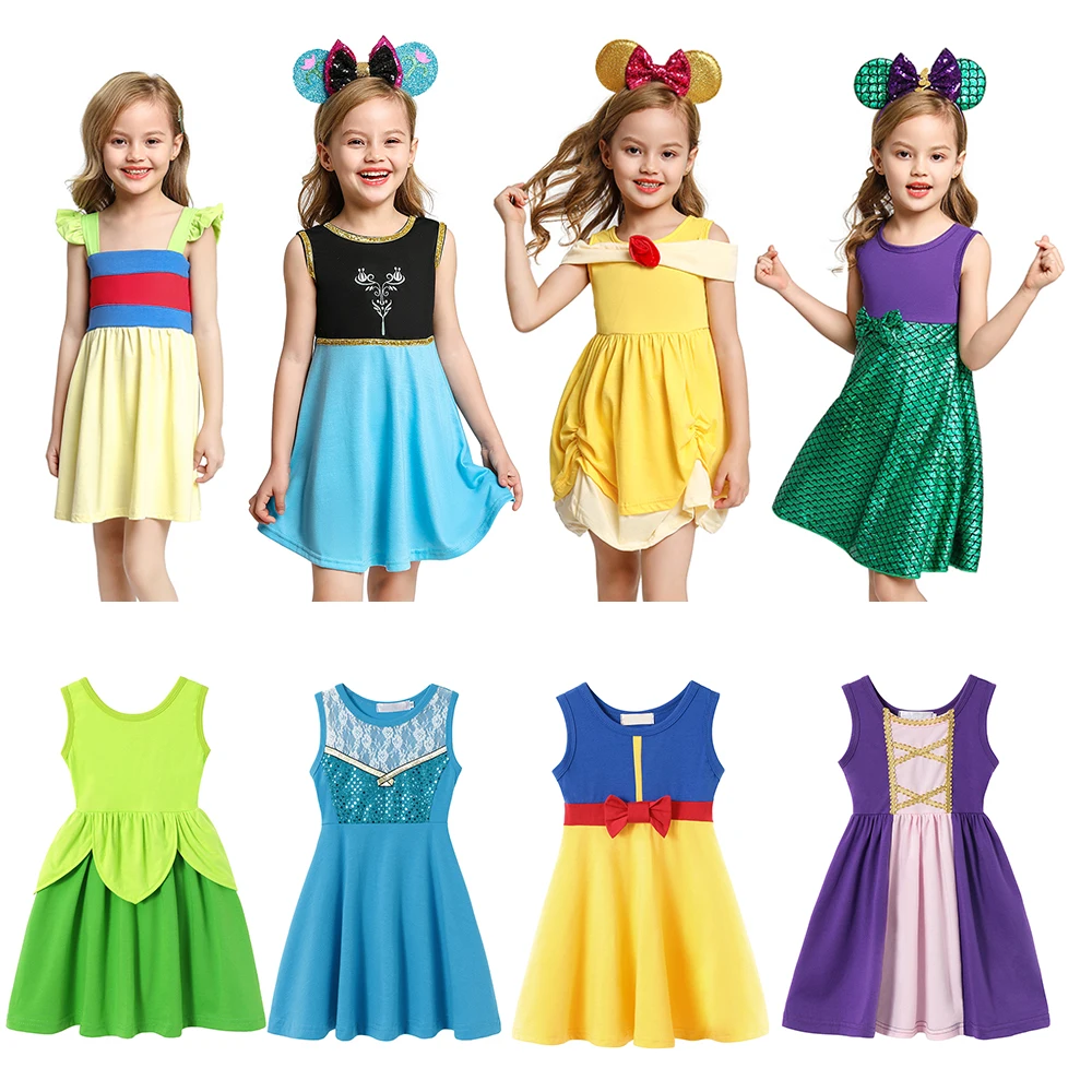 Summer Cute Dress For Kids Girl Frozen Elsa Anna Sleeveless Vestido Baby Girl Children Clothes Rapunzel Tinker Bell Snow White