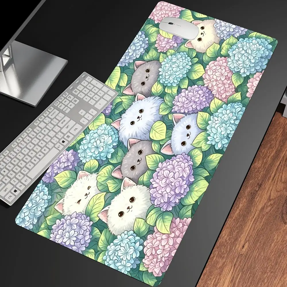 Hydrangea Cat Mousepad Pc Accessories Desk Interior Gaming Mats Playmat Carpet Mouse Mat Desk Pad Office Decor Gamer Decoration