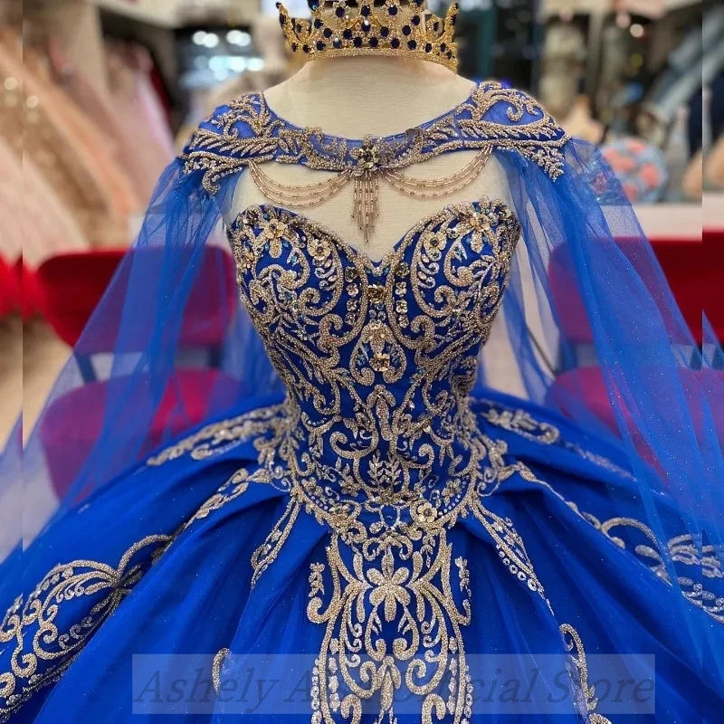 Custom Made Blue Ball Gown Quinceanera Dresses With Cloak Cape Applique Lace Floral Corset vestidos de xv 15 anos Girl Proms