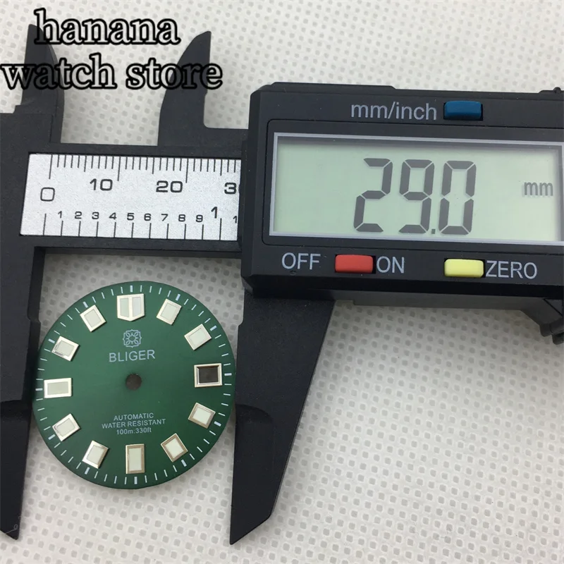 قرص ساعة BLIGER 29 ملم أزرق أخضر أسود مناسب لحركة NH35 NH36 أخضر مضيء