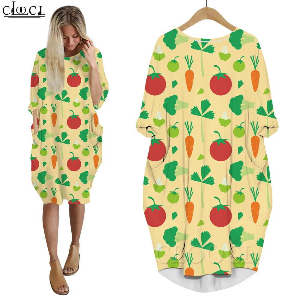 CLOOCL Women Dresses for Thanksgiving Long Sleeve Pullover Tomato Carrot and Vegetable Leaves Pattern 3D Printing Dresses