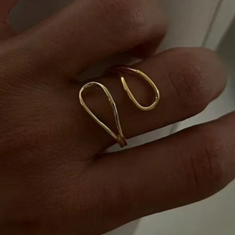 حلقة مفتوحة لامعة من الفولاذ المقاوم للصدأ على شكل خاص ، حلقة هندسية بلون ذهبي بسيط #4