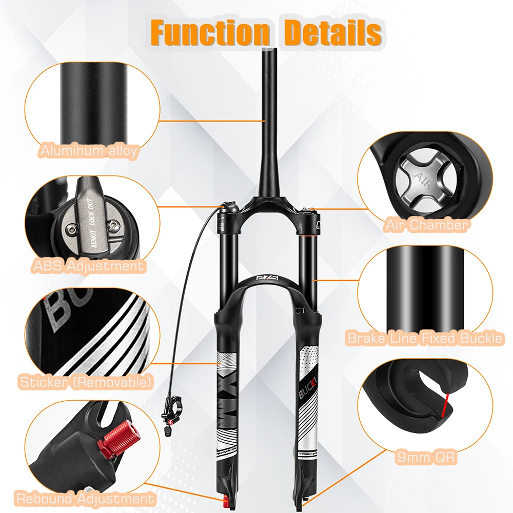 BUCKLOS Fahrradgabel 26 27,5 29 Zoll Luft-MTB-Gabel 9*100mm 15*100mm Federung Mountainbike-Gabeln Gerade/Konische Gabelschaft – Detail 14