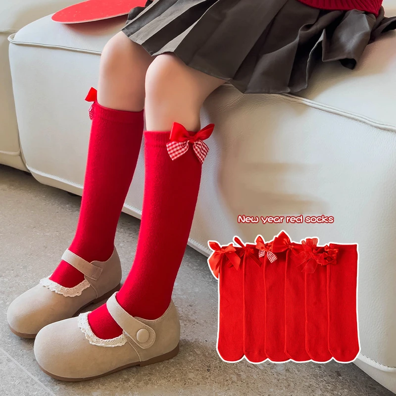 

Новогодние красные длинные чулки для девочек, носки до середины икры с бантом, осенне-зимние теплые вязаные носки, детские хлопковые носки для детей 3-12 лет, детская обувь