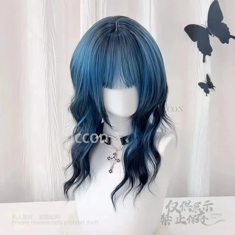 أزرق-أسود متدرج Y2K جيراي كي نمط الباروكات تأثيري حلي جديلة مقاومة للحرارة الشعر الاصطناعية موضة متوسطة الطول رقيق