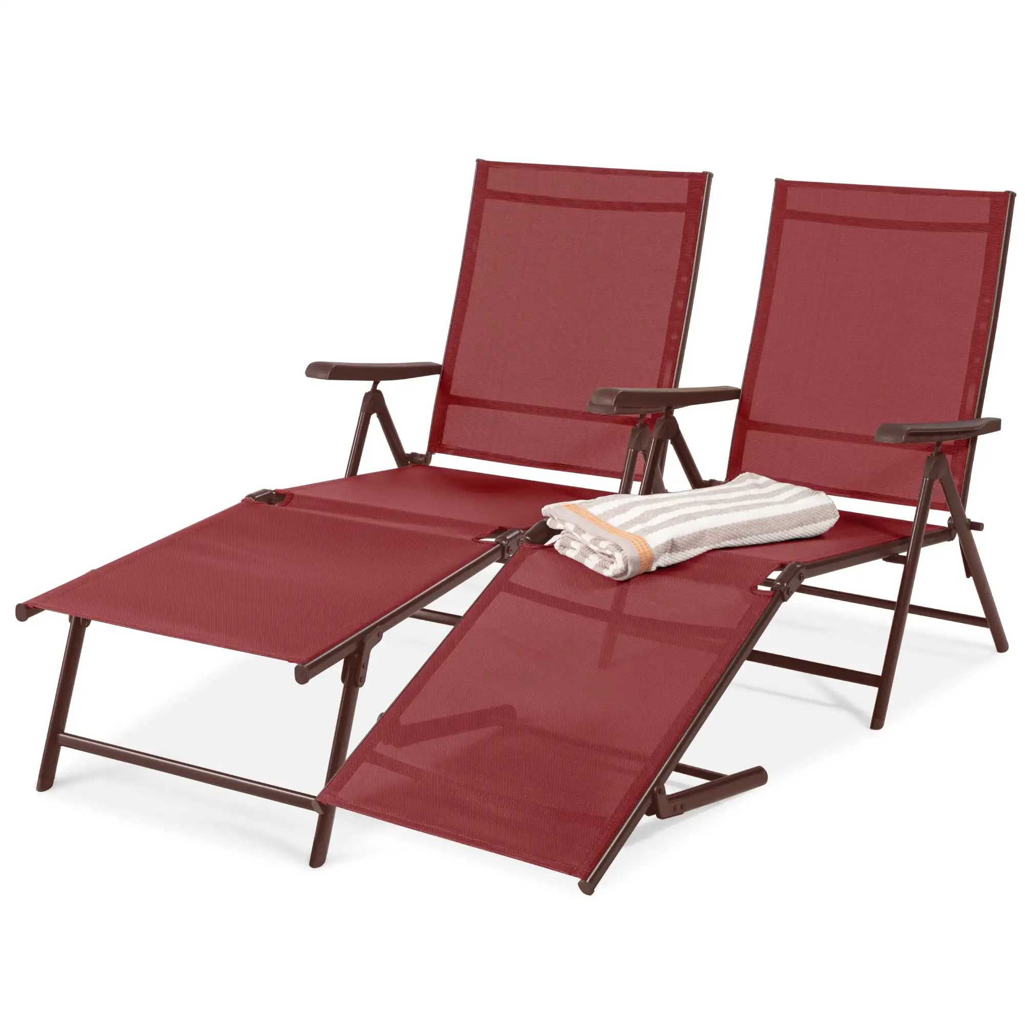

Set of 2 Outdoor Patio Chaise Lounge Chair Adjustable Folding Pool Lounger w/ Steel Frame - Red