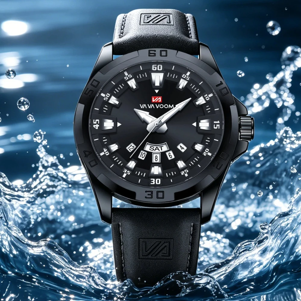

VA VA VOOM Black Hot Selling Classic Business Case Quartz Watch Men Steel Leather Strap Timing Enlarged Men's AAA Watches Clock