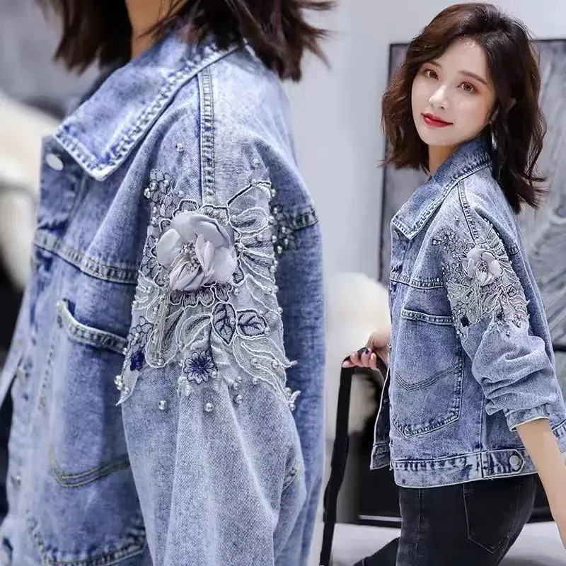 

Women's Fall Long Sleeve Denim Jacket Beaded Embroidered Biker Jacket Ladies Short Coat Loose Korean Version All-match Cardigan