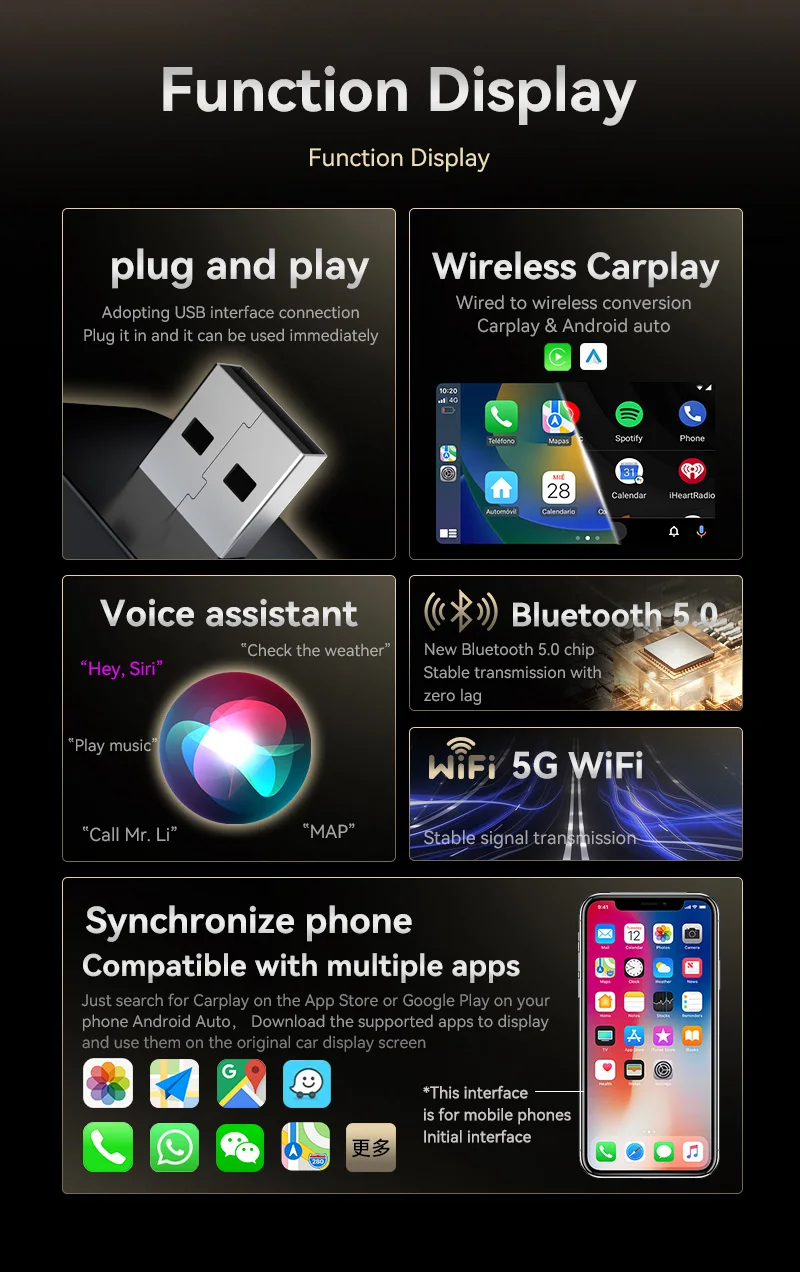 محول Xiaomi Wireless CarPlay Android Auto 2in1 5G WiFi Bluetooth اتصال سريع عالمي لمساعد الصوت للسيارة