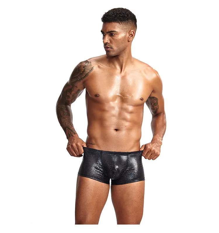 Mens Snake Skin Leather Sexy Underwear Boxers Brand Open Front Crotchless Boxer Shorts Men U Convex Low Waist Male Underpants