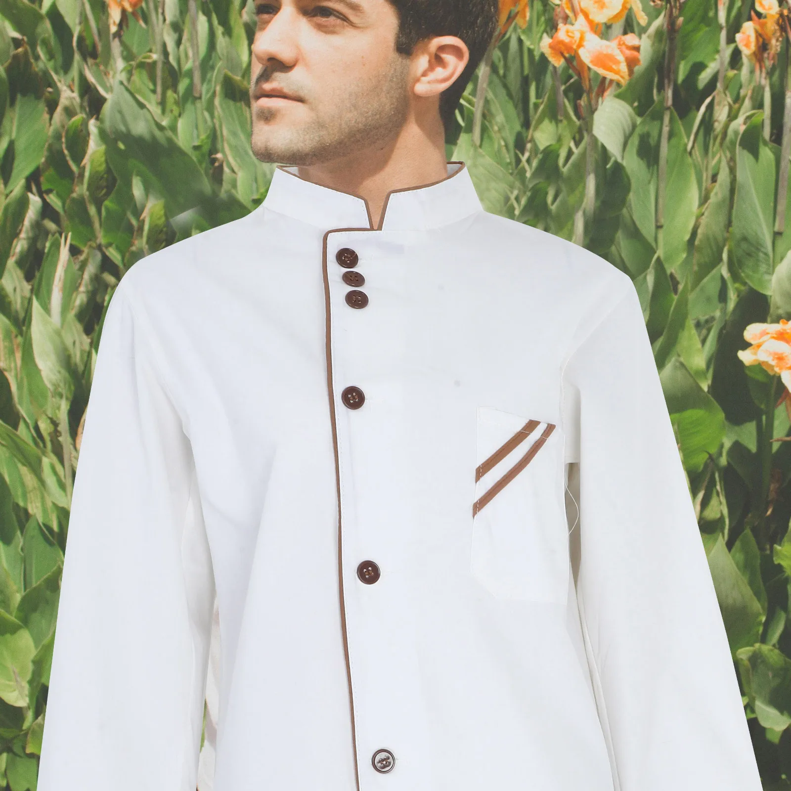 Long Sleeve Chef Jacket Unisex Premium Breathable Stand Collar Oilproof Easy Wash for Hotel Bakery Restaurant Size M White