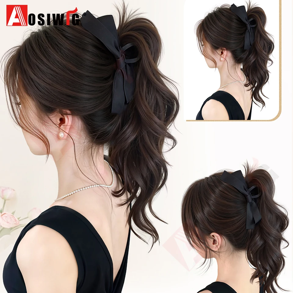 14inch/12inch Synthetic Bow Tie Claw Ponytail Wig Long Curly High Ponytail Fluffy Natural Ponytail Hair Extensions For Women image 6