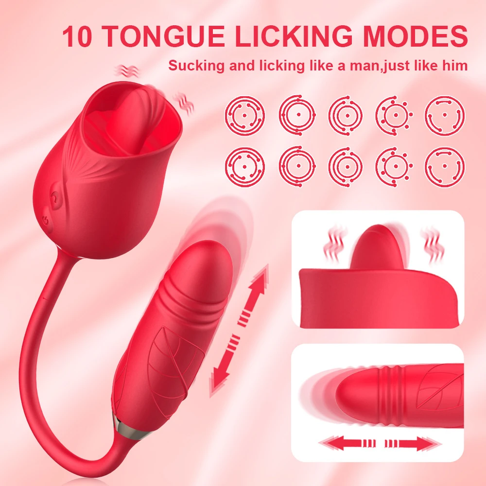 2 In 1 Rose Tongue Licking Thrust Dildo Vibrator Clitoral Nipple Stimulator Vibrating Egg Clitoral Suction Cup Sex Toy Women