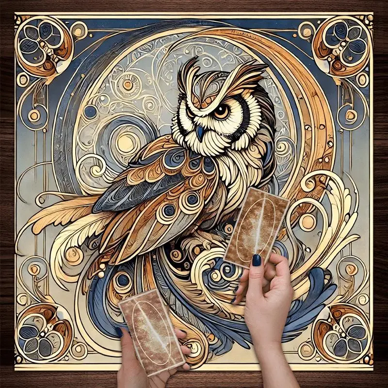 Tarot Altar Cloth Art Nouveau Golden Owl Crescent Moon Floral Divination Mat for Wiccan Tarot Reading Spiritual Astrology Decor