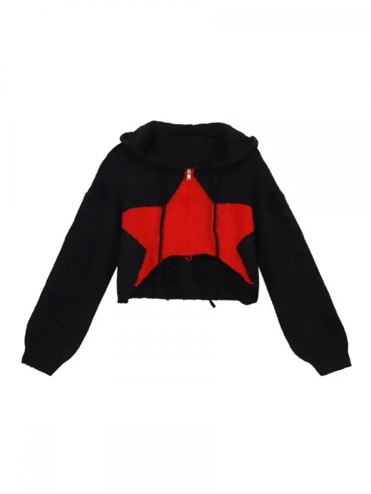 Tonngirls Y2k Retro Cardigan Women Patchwork Stars Sweater Vintage Knitted Cropped Hooded Sweater Streetwear Cashmere Cardigan