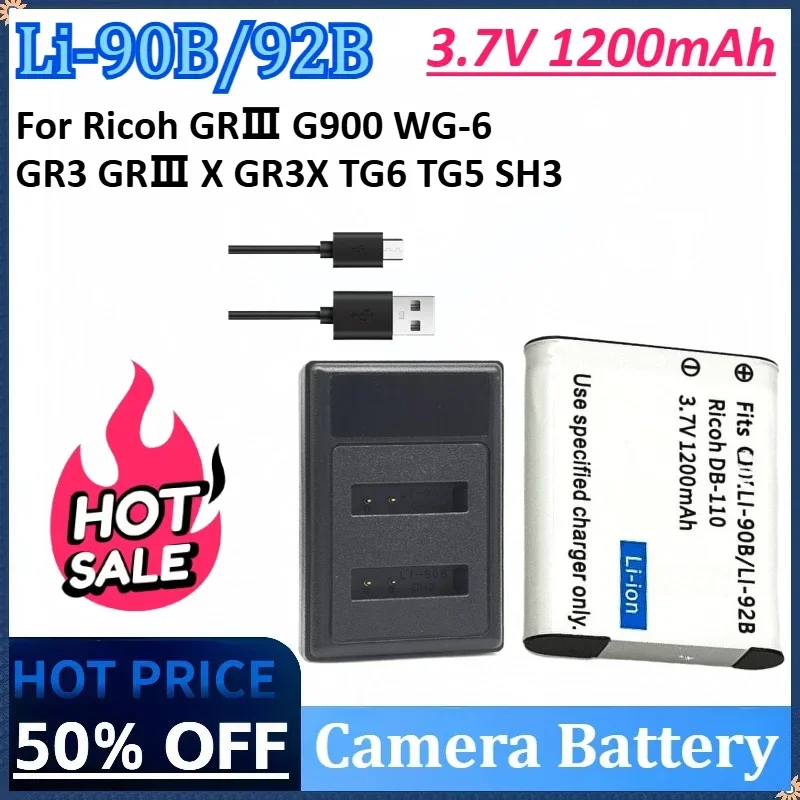 

New 3.7V 1200mAh Li-90B/LI92B DB-110 Camera Battery for Ricoh GRⅢ G900 WG-6 GR3 GRⅢ X GR3X TG6 TG5 SH3 with Dual Charger