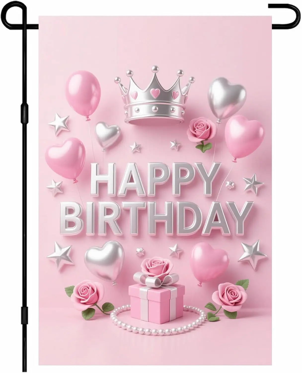 Happy Birthday Garden Flag 12x18 Inch Pink Balloons Crown Roses Gifts Outdoor Decorative Flags Double Sided Birthday Party W EEZ
