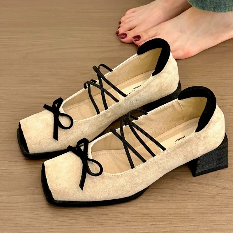 Mocassini impermeabili in pelle scamosciata con fiocco nuovo primavera da donna Camminate all'aperto Comode scarpe basse con tacco spesso slip-on Taglia 35-40
