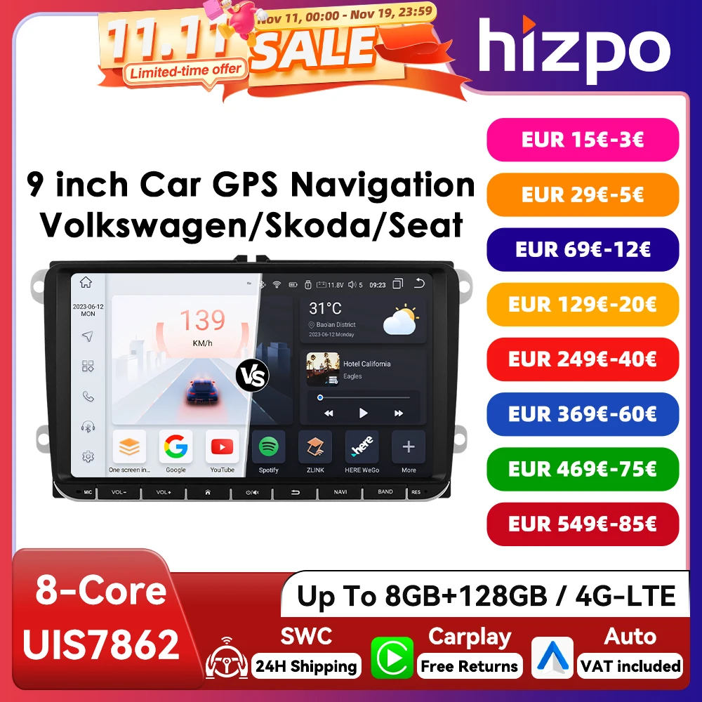 Hizpo 9inch CarPlay Android Auto Car Radio for VW Volkswagen Golf Passat B6 B7 Skoda Seat Octavia Polo Tiguan RDS DSP GPS BT 4G