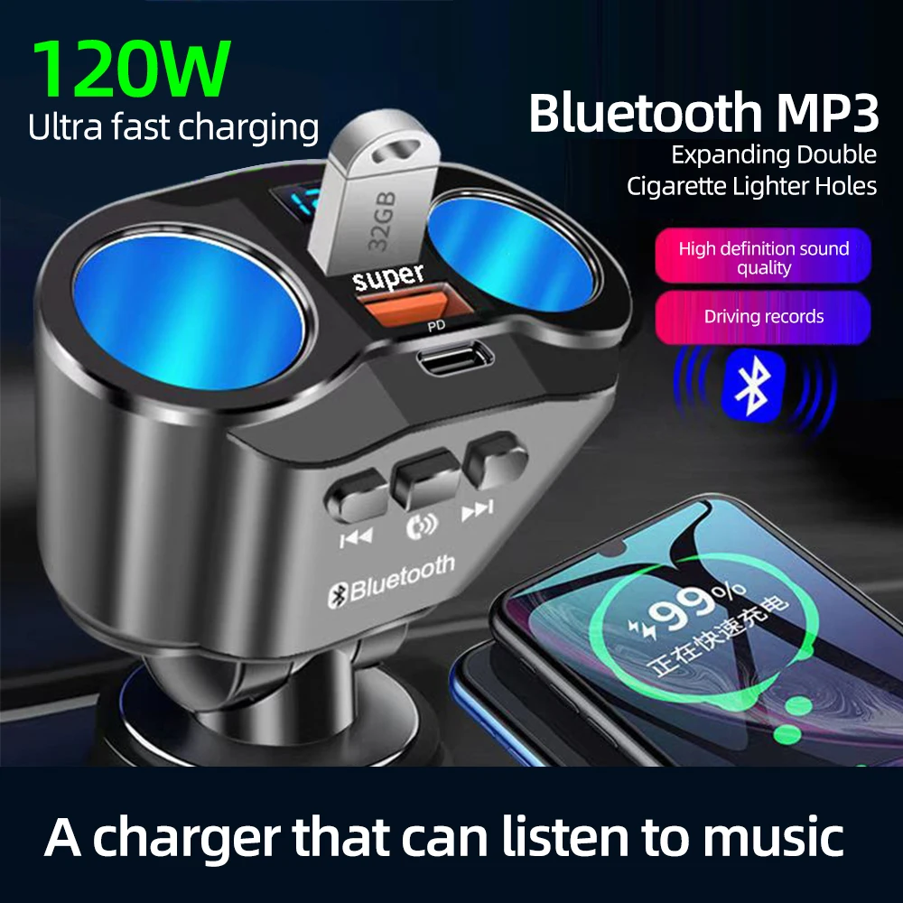 Car Cigarette Lighter Splitter PD QC3.0 Fast Charger Dual USB Multi-function Car Charger Socket Splitter 12V/24V Fm Transmitters