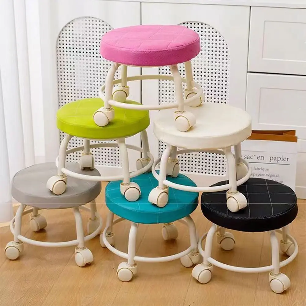 

PU Leather Rotating Rolling Stool Waterproof Universal Wheel Round Stool With Wheels 360 Degree Rotating Sturdy