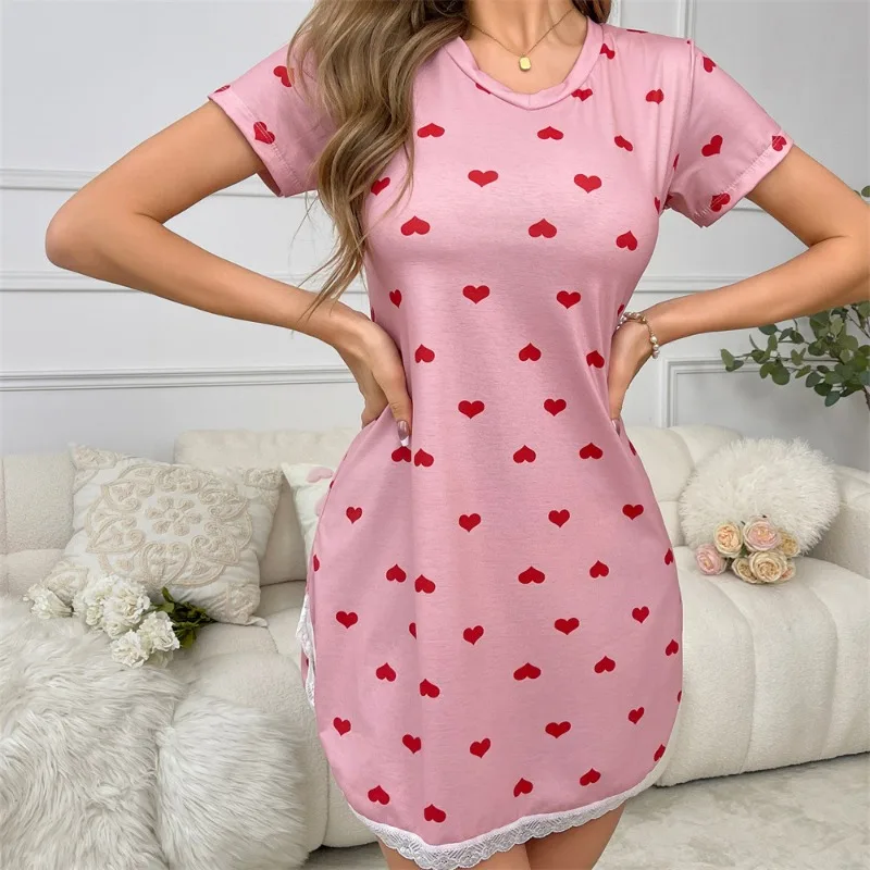 Summer Short Sleeve Nightgown with Heart Print Soft Pink Nightdress Modal Cotton Comfortable Breathable Women Home Pajamas
