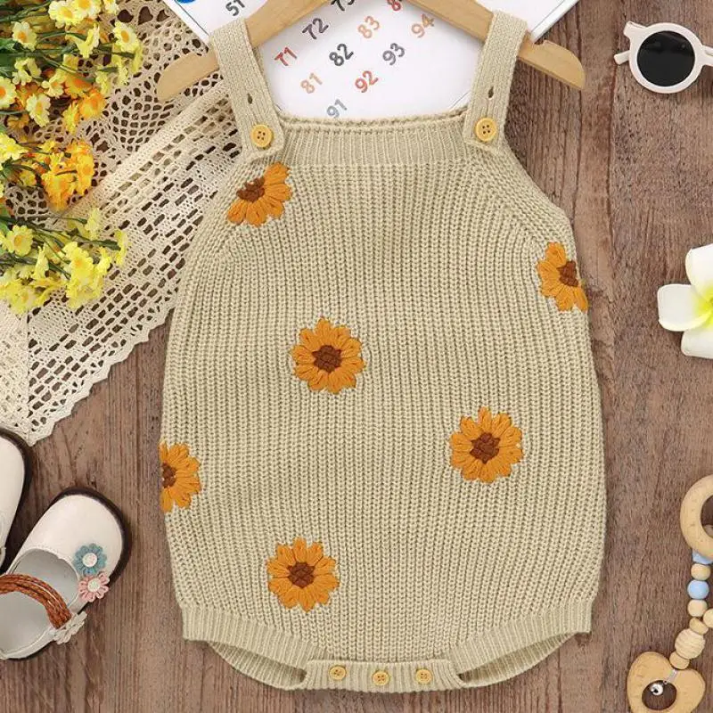 

Summer Baby Clothes Infant Knitted Suspenders Bodysuit Boy Girl Handmade Embroidery Flower Sleeveless Onesie Casual Kid Homewear