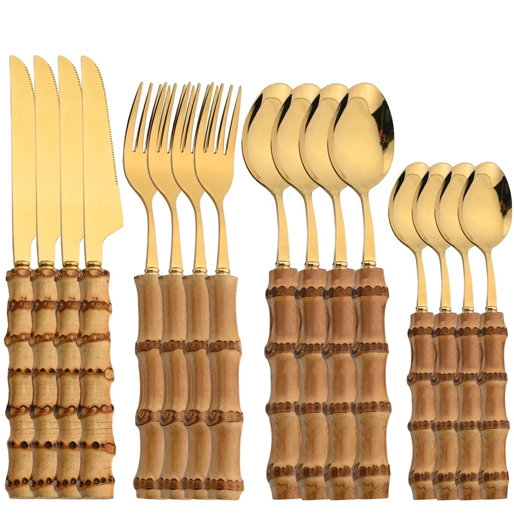 16pcs Dinnerware Set Stainless Steel Natural Bamboo Handle Cutlery Kitchen Flatware Includes Forks Spoons Knives Tableware