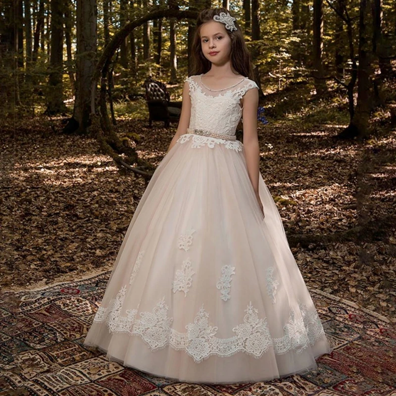 

Champagne Flower Girl Dresses Tulle Puffy Lace Appliques Diamond Belt Sleeveless For Wedding Birthday Party First Communion Gown