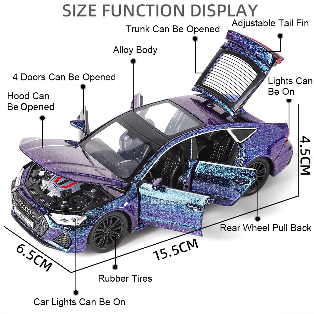 1:32 RS7 A4 Legering Diecast Miniatuur Model Speelgoed Auto Deuren Geopend Geluid Licht Trek Rubberen Banden Voertuig Speelgoed voor Kinderen Geschenken