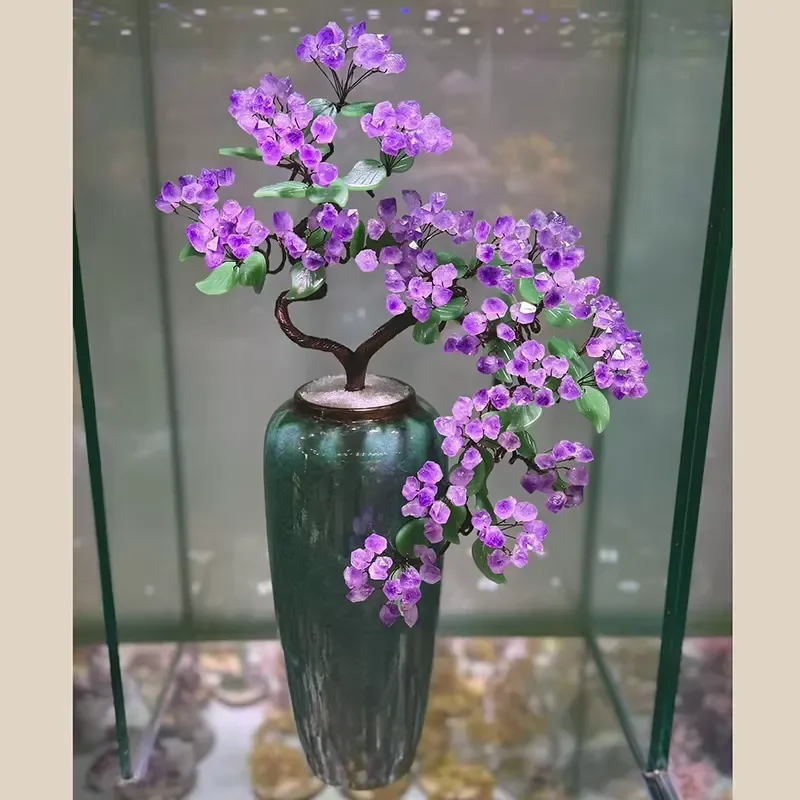 Natural Amethyst Money Tree Feng Shui Crystal Ornament Rough Stone Wealth Gathering Vase for Home Office Decor Commercial Use