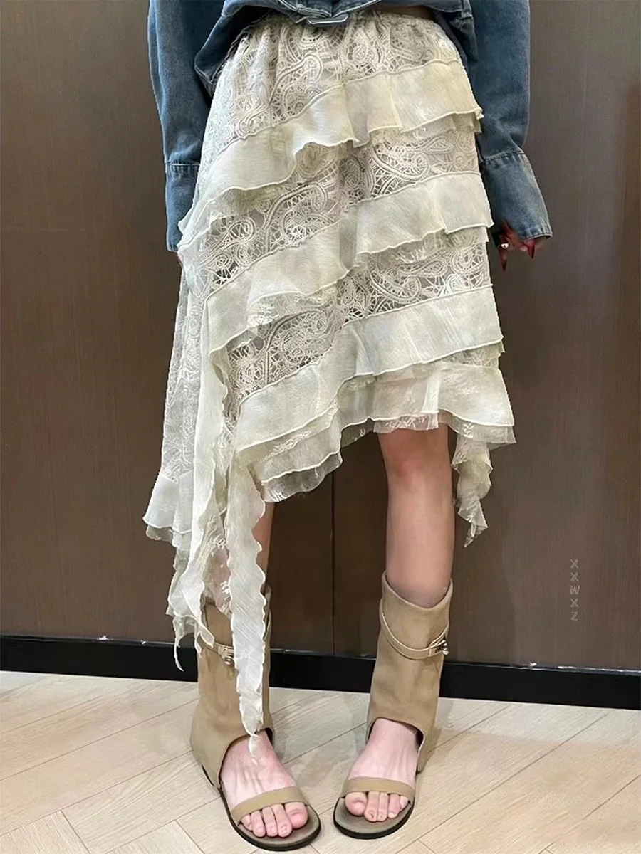 

High Waist A-Line Skirt Women's Lace Design Spring Summer New Style Slimming Half Skirt Asymmetrical Hollow out Fabric