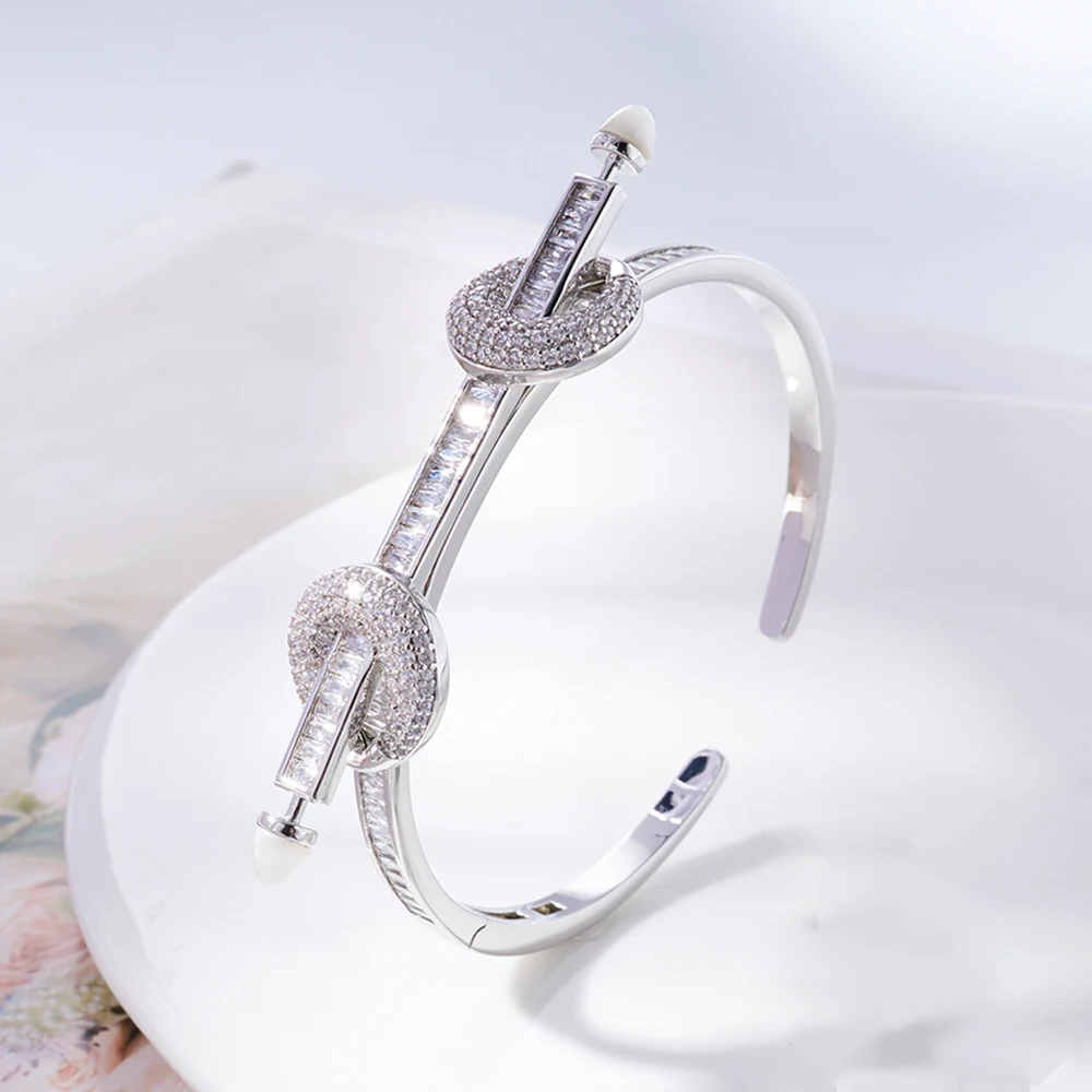 InJewelife Trendy Cubic Zircon Shell Bangles Bracelets with Ring Luxury Jewelry Set for Women Gold Plated Bracelet Jewellery